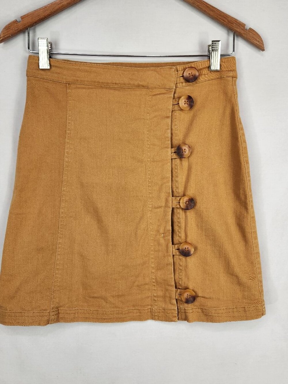 Cotton Mini Skirt Womens L Side Buttons A Line Fall Retro Boho Gold Miami